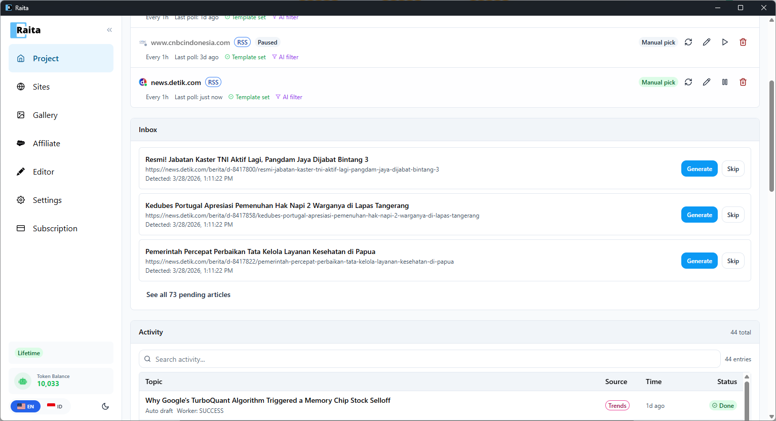 Feed inbox dengan aksi Generate dan Skip