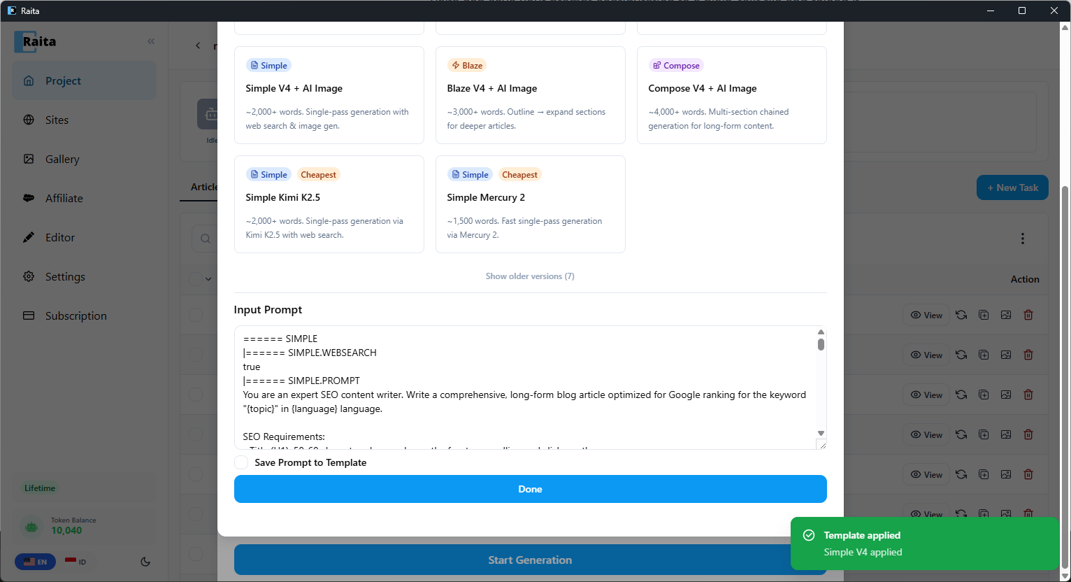 Template picker with Input Prompt and Save Prompt to Template